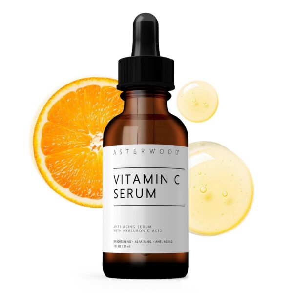 Asterwood Vitamin C Face Serum - with Hyaluronic Acid - Smoothing, Hydrating, Stimulates Collagen Production - Fragrance-Free, Paraben-Free - 1 Fl Oz