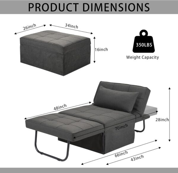 Sofa Bed, 4 in 1 Multi-Function Folding Ottoman Breathable Linen Couch Bed with Adjustable Backrest Modern Convertible Chair for Living Room Apartment Office, Dark Grey - Image 4