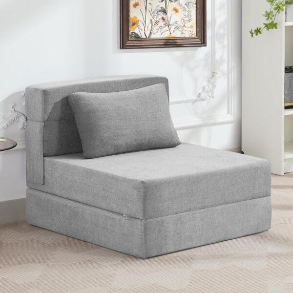 Folding Sofa Bed Convertible Floor Couch Foldable Chair Bed with Pillow，Linen Sleeper Chair Futon,Foldable Memory Foam Mattress for Bedroom/Living Room/Dorm/Office (Light Grey, Single)