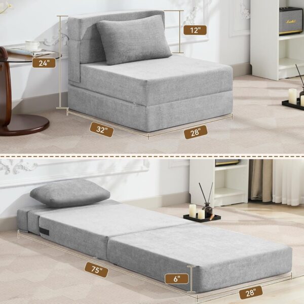 Folding Sofa Bed Convertible Floor Couch Foldable Chair Bed with Pillow，Linen Sleeper Chair Futon,Foldable Memory Foam Mattress for Bedroom/Living Room/Dorm/Office (Light Grey, Single) - Image 4