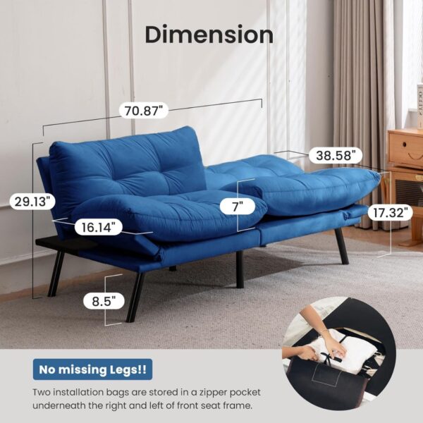 Velvet Convertible Futon Sofa Bed, 71" Comfy Loveseat Sleeper Sofa with Adjustable Backrest Armrest, Strengthen Wood, Thick Cushion, Small 2 Seater Futon Couch for Living Room, Bedroom - Image 4