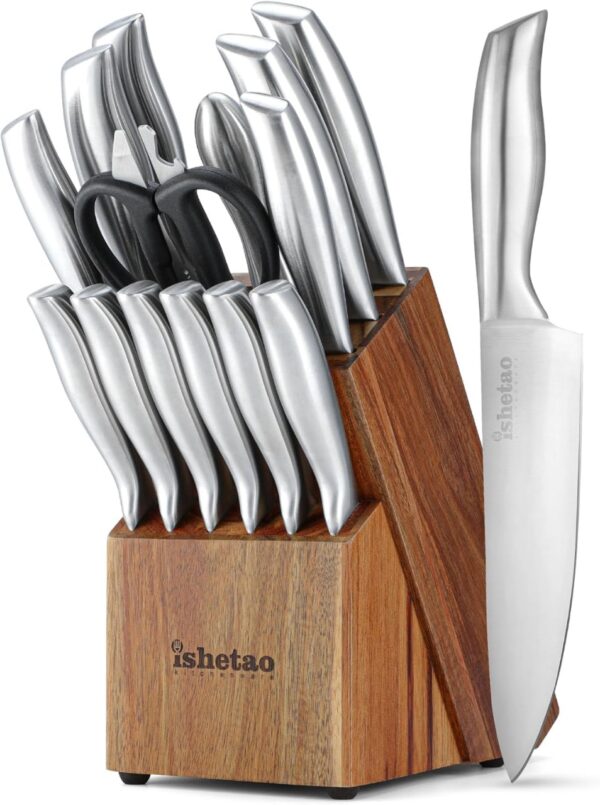 Knife Sets for Kitchen with Block, 15 Piece Kitchen Knife Set, Ultra Sharp Chef Knife Set for Kitchen, High Carbon Stainless Steel Knife Block Set with Sharpener, Silver