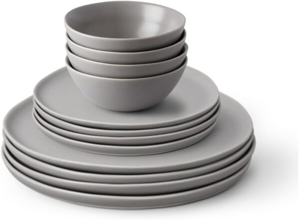 Fable Dinnerware Set - Includes 4 Each of The Dinner Plates, The Salad Plates, and The Breakfast Bowls - Dishwasher Safe, Durable Stoneware Ceramic Plates and Bowls - Dove Gray