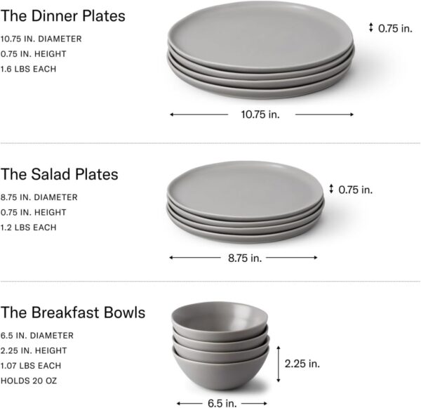 Fable Dinnerware Set - Includes 4 Each of The Dinner Plates, The Salad Plates, and The Breakfast Bowls - Dishwasher Safe, Durable Stoneware Ceramic Plates and Bowls - Dove Gray - Image 5