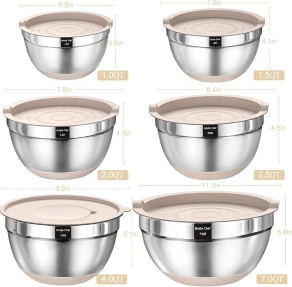 Mixing Bowls with Airtight Lids Set, 26PCS Stainless Steel Khaki Bowls with Grater Attachments, Non-Slip Bottoms & Kitchen Gadgets Set, Size 7, 4, 2.5, 2.0,1.5, 1QT, Great for Mixing & Serving - Image 6