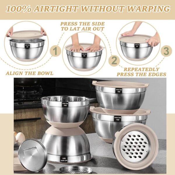 Mixing Bowls with Airtight Lids Set, 26PCS Stainless Steel Khaki Bowls with Grater Attachments, Non-Slip Bottoms & Kitchen Gadgets Set, Size 7, 4, 2.5, 2.0,1.5, 1QT, Great for Mixing & Serving - Image 4