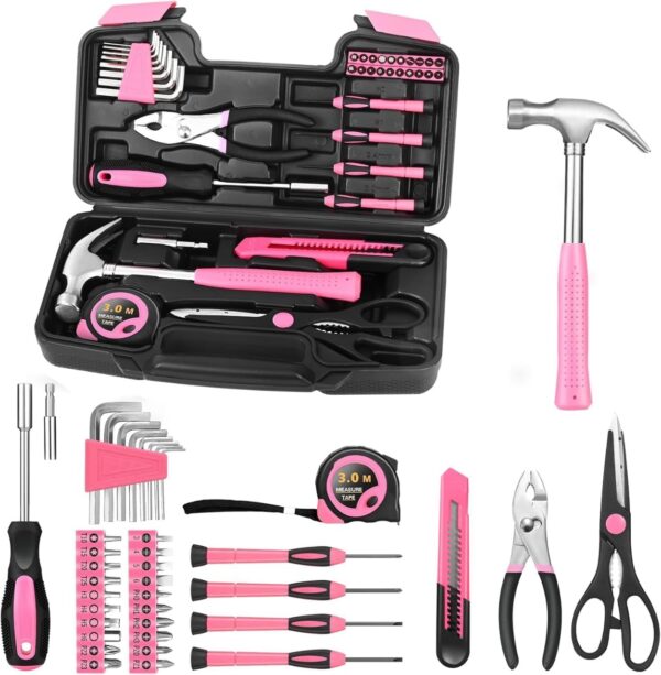 39 Piece All Purpose Basic Household Pink Tool Kit for Women - Small Tool Set with Toolbox Great for Home, Garage, Office and College Dormitory Use