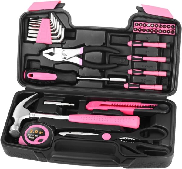 39 Piece All Purpose Basic Household Pink Tool Kit for Women - Small Tool Set with Toolbox Great for Home, Garage, Office and College Dormitory Use - Image 2