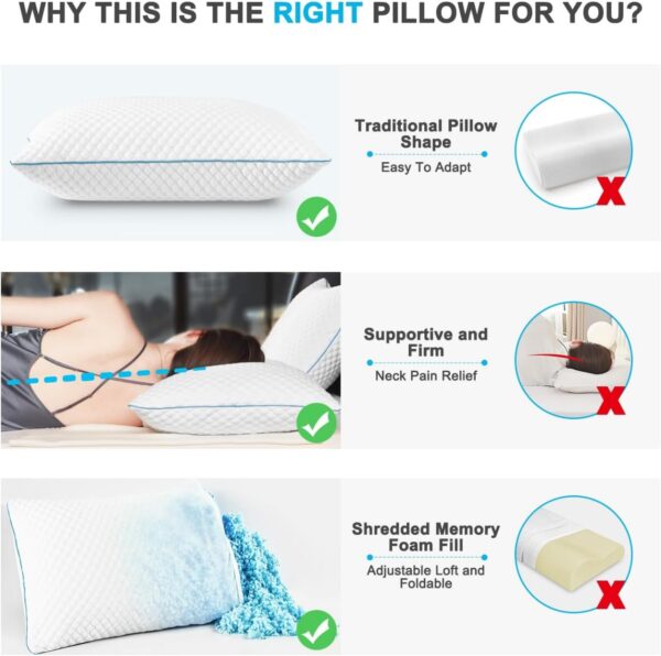 Cooling Bed Pillows Queen Size Set of 2, Shredded Memory Foam Pillows Cool Cold Pillow for Side Back Stomach Sleepers, Gel Pillow Adjustable Firm Pillows Soft Pillows for Sleeping 20x30 Pillow White - Image 6