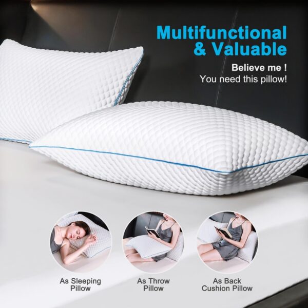 Cooling Bed Pillows Queen Size Set of 2, Shredded Memory Foam Pillows Cool Cold Pillow for Side Back Stomach Sleepers, Gel Pillow Adjustable Firm Pillows Soft Pillows for Sleeping 20x30 Pillow White - Image 3